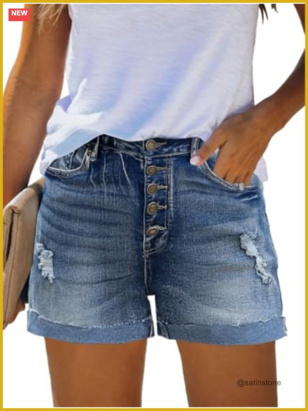 Women's High Rise Denim Shorts Button Fly Frayed Hem Jean Shorts Summer